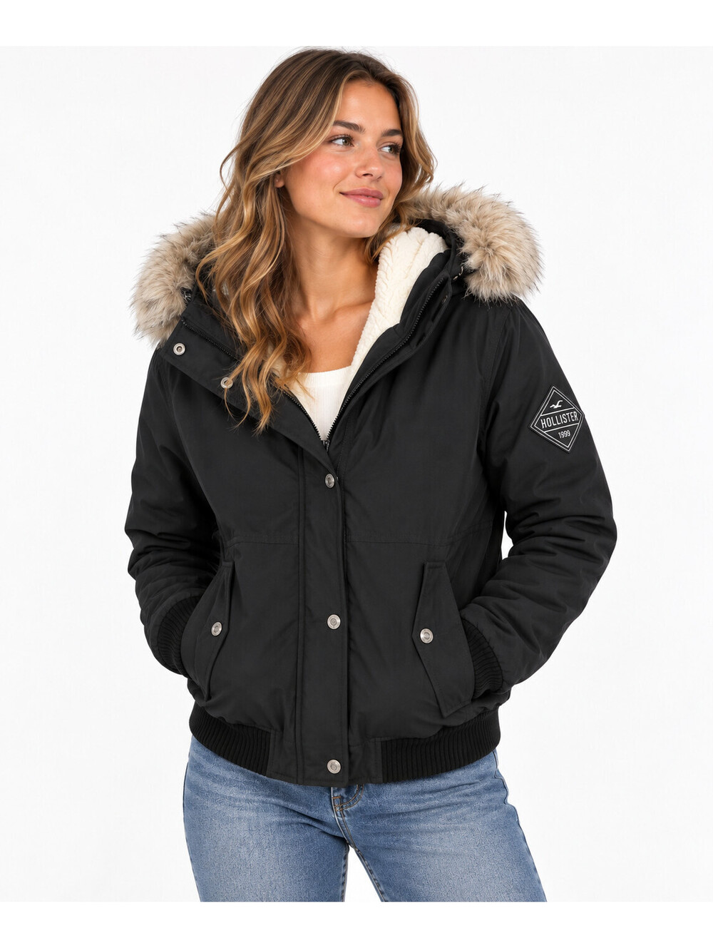 Hollister Women’s M Black All Weather Sherpa Lined Hooded Bomber Jacket Fur
